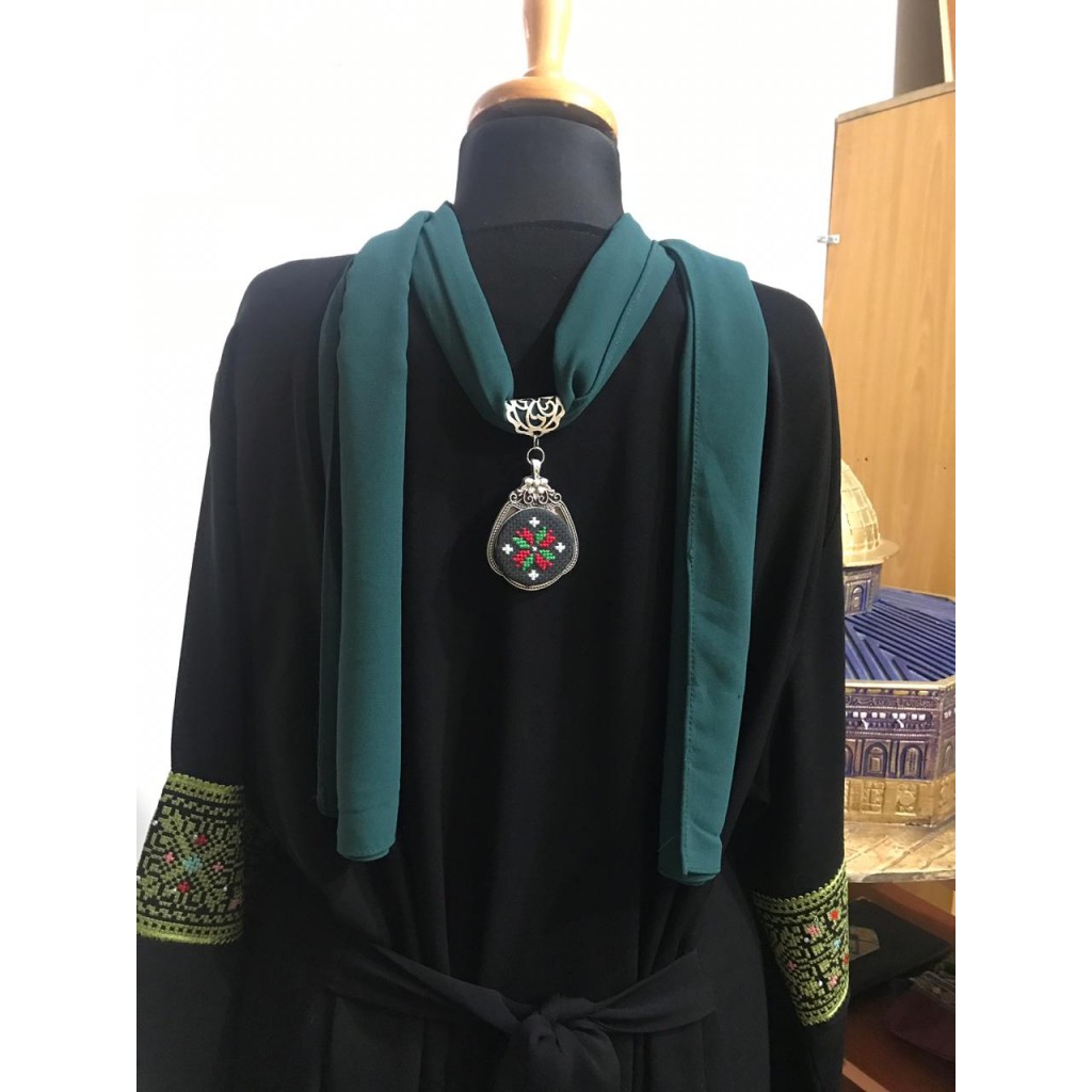 Neck Scarf with handmade Palestinian embroidery pendant